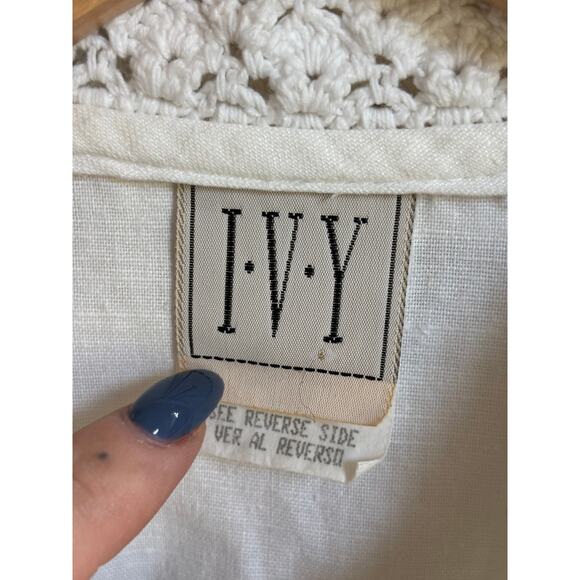 Vintage I.V.Y Button Up Linen Cotton Crochet Collared Long Sleeve Shirt Medium - Picture 4 of 6